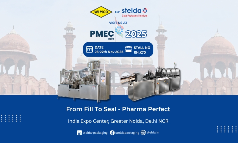 WIMCO by Stelda GAN 120 Tube Filling and PAC 120 Cartoning machines displayed at PMEC India 2025 exhibition.
